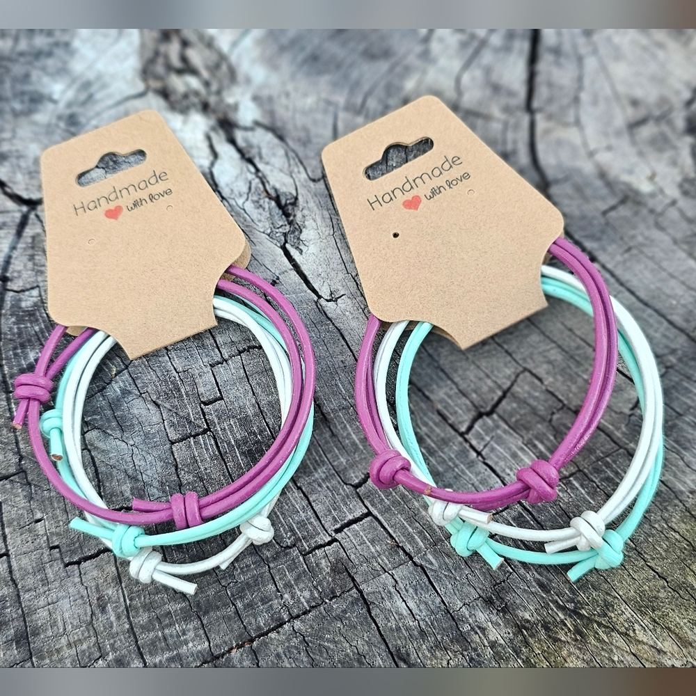 Handmade Minimal Adjustable Leather Bracelets Set of 3 Blue Pink White